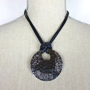 Chico's Necklace Silver Tone Large Hammered Disk Pendant Blue leather Cord NEW